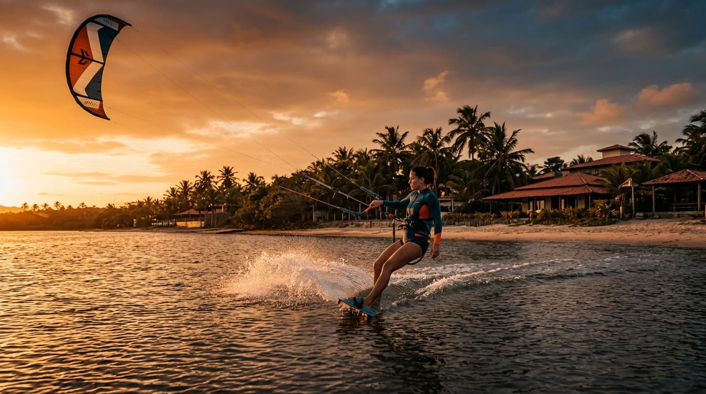 Eine Kitesurferin gleitet über die flache Lagune von Parajuru bei Sonnenuntergang, im Hintergrund Palmen und die Dächer einer strandnahen Pousada.