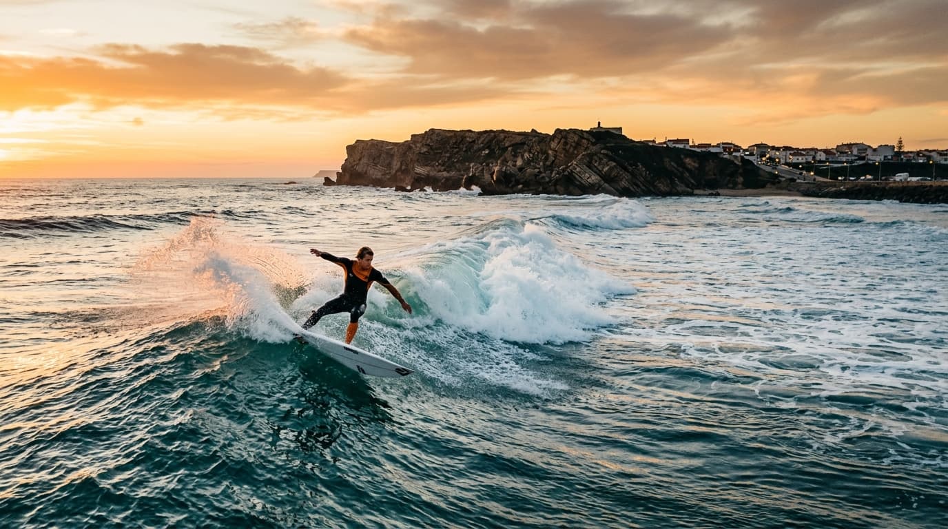 Ein Surfer reitet eine saubere, von Offshore-Wind geformte Welle vor der malerischen Halbinsel Baleal in Peniche, Portugal bei Sonnenuntergang.