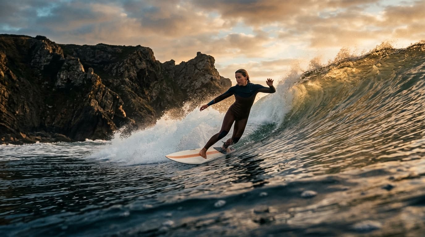 Ein Intermediate-Surfer reitet eine saubere, herbstliche Welle an der Westkueste Portugals vor einer malerischen Steilkueste im goldenen Abendlicht.