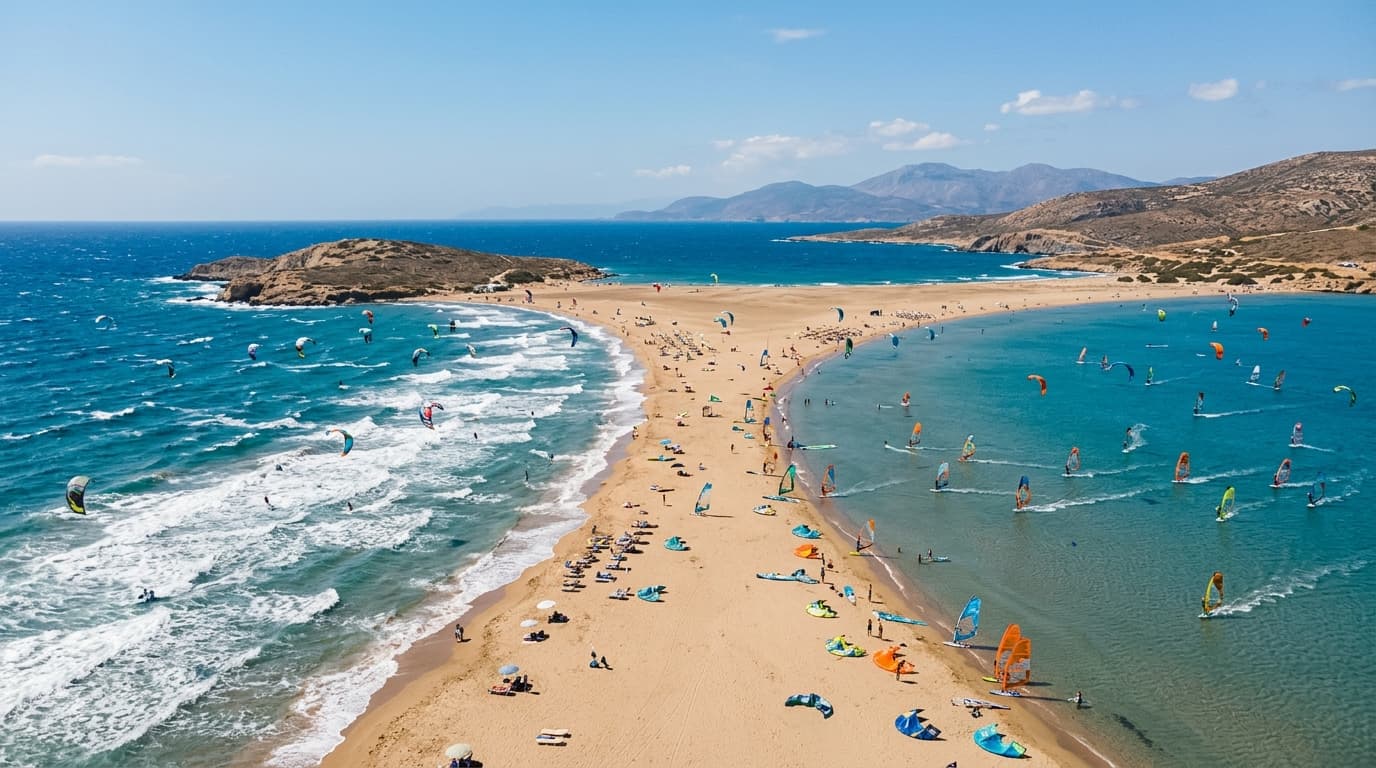 Blick auf die Sandbank von Prasonisi auf Rhodos mit Kitesurfern und Windsurfern auf der Flachwasser- und Wellenseite