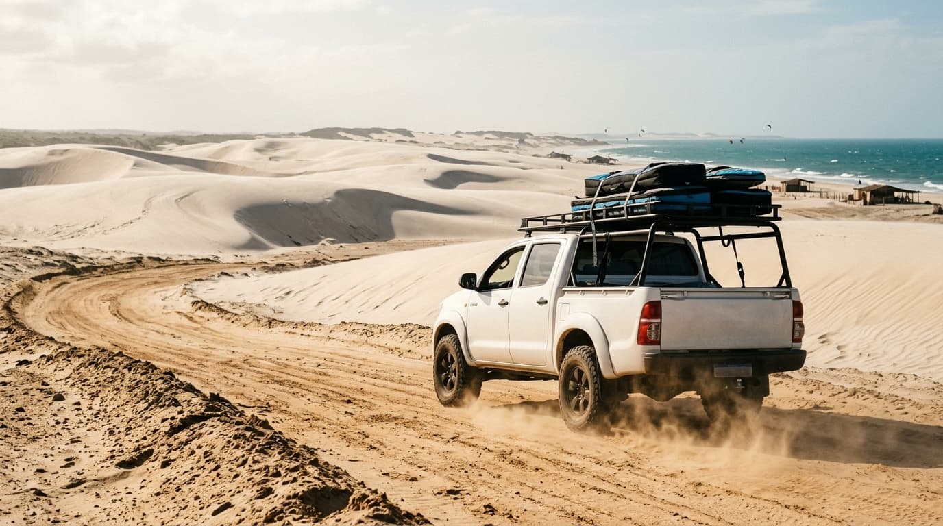 Ein weißer Allrad-Pickup fährt mit Kitesurf-Boardbags auf dem Dach über eine staubige Sandpiste direkt neben den windgepeitschten Dünen nahe Praia do Préa in Brasilien.