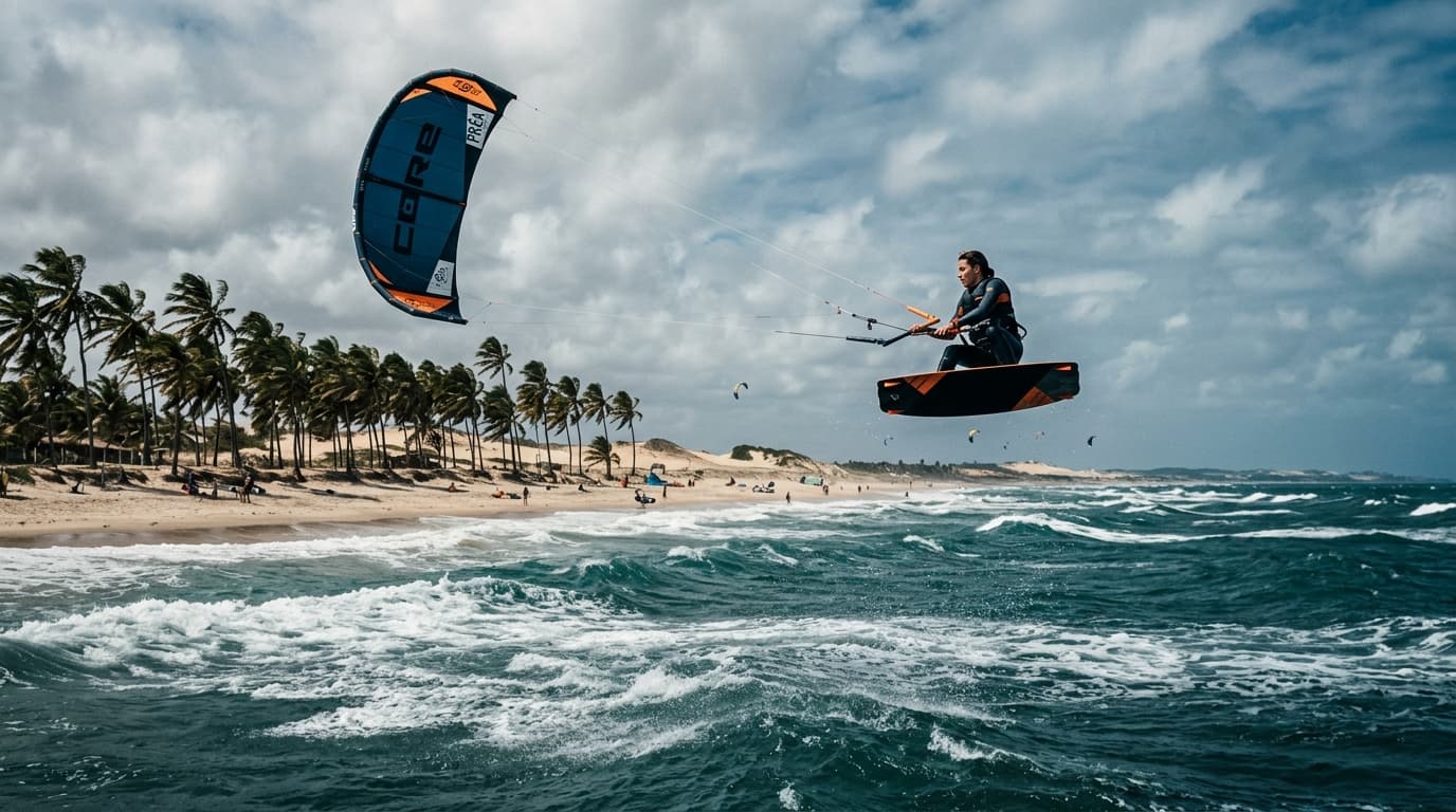 Ein Kitesurfer fliegt über das Wasser am windigen Strand von Préa in Brasilien, im Hintergrund wehen Palmen im starken Wind.