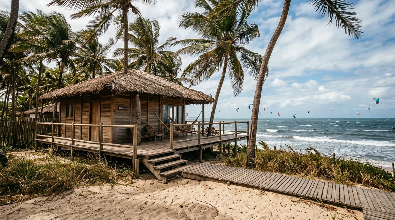 Ein gemütlicher Holzbungalow der Pousada Rancho do Peixe in Preá, umgeben von Kokosgipfeln und direktem Blick auf das windaufgewühlte Meer mit Kitesurfern im Hintergrund.