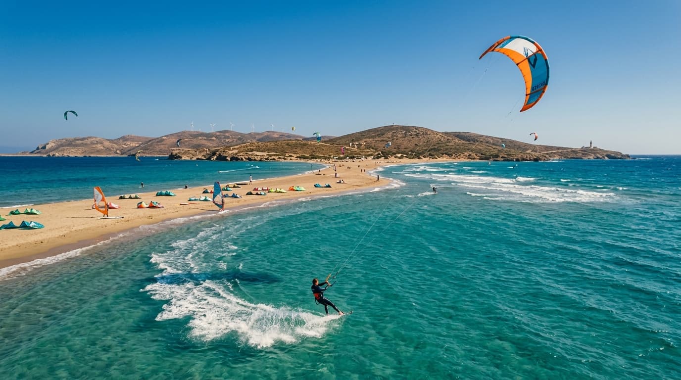 Kitesurfer auf dem türkisfarbenen Wasser vor dem Sandstrand von Prasonisi auf Rhodos bei klarem blauen Himmel