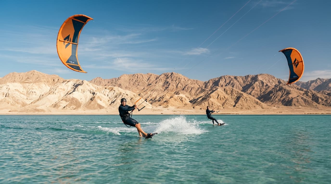 Zwei Kitesurfer gleiten über das tuerkisfarbene Flachwasser einer aegyptischen Lagune vor der Kulisse von Wuestenbergen unter klarem blauen Himmel.