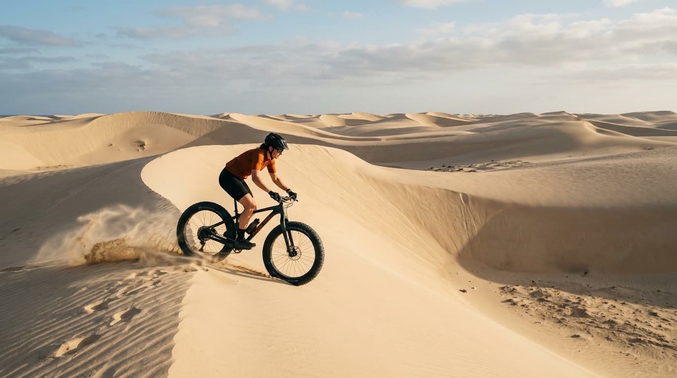 Sportler fährt mit einem Fatbike über die Sanddünen im Süden der Insel Sal