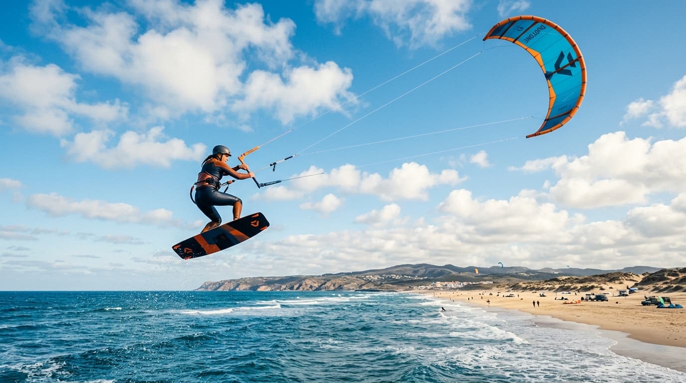 Ein Kitesurfer springt mit seinem Kite über das blaue Wasser vor einem sandigen Strand unter strahlend blauem Winterhimmel.