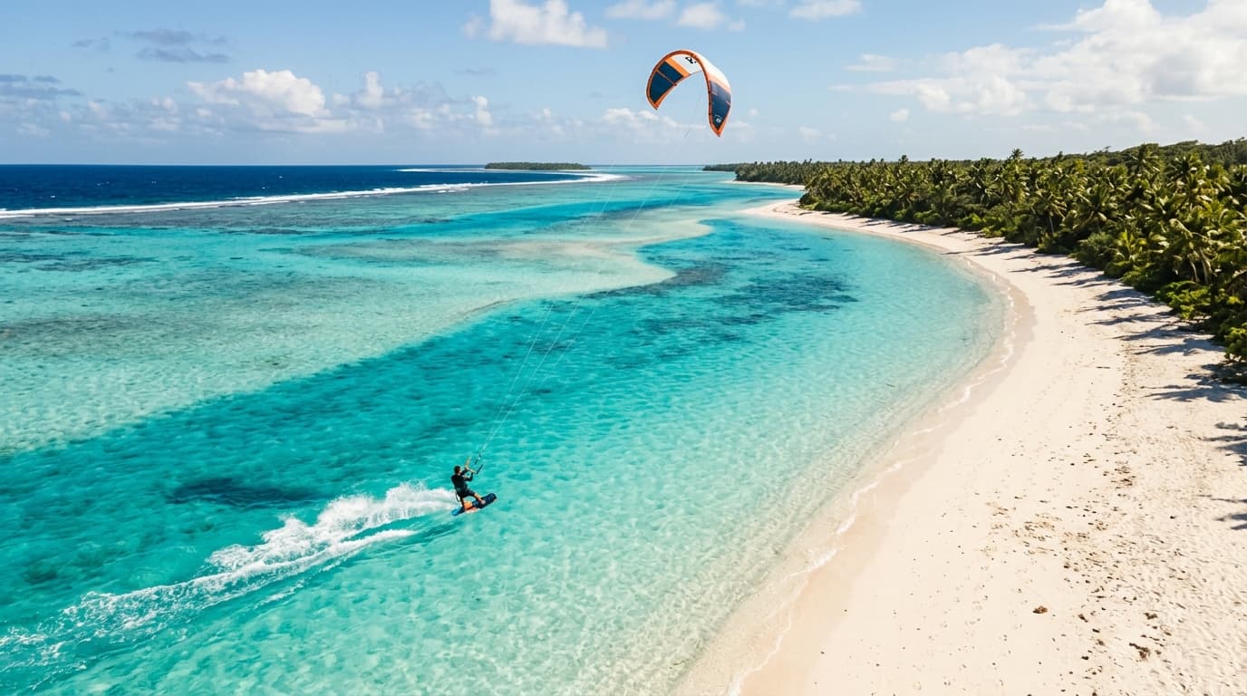 Kitesurfer in einer türkisfarbenen Stehtiefen-Lagune vor weißem Sandstrand bei Sonnenschein