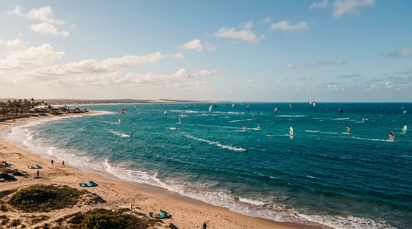 Blick auf das Wassersport-Revier in São Miguel do Gostoso mit Kitesurfern und Windsurfern auf dem türkisfarbenen Atlantik bei konstantem Sideshore-Wind.