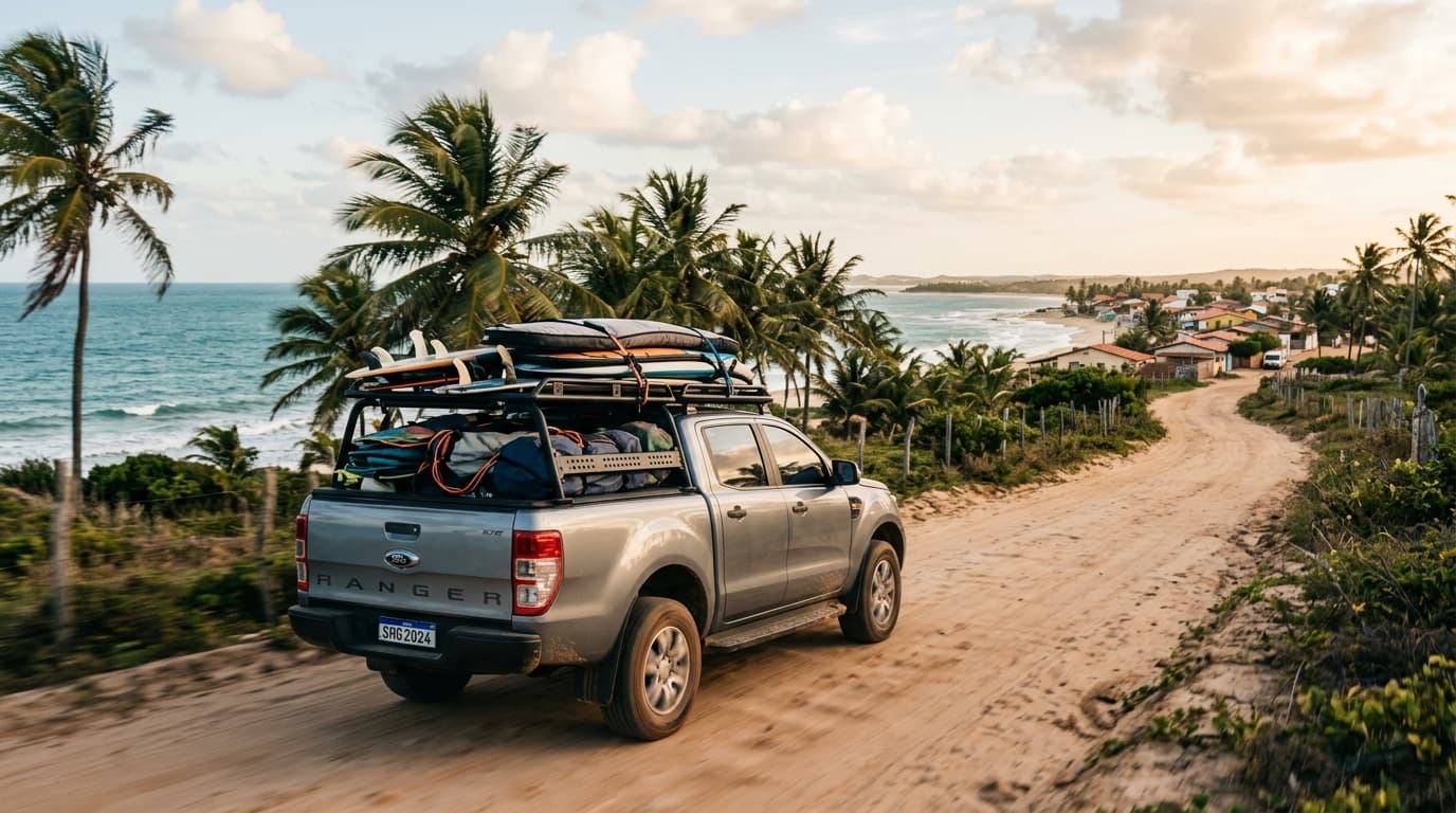 Ein Pickup-Truck mit Kitesurf- und Windsurf-Ausrüstung auf dem Weg entlang von Kokospalmen nach São Miguel do Gostoso in Brasilien.