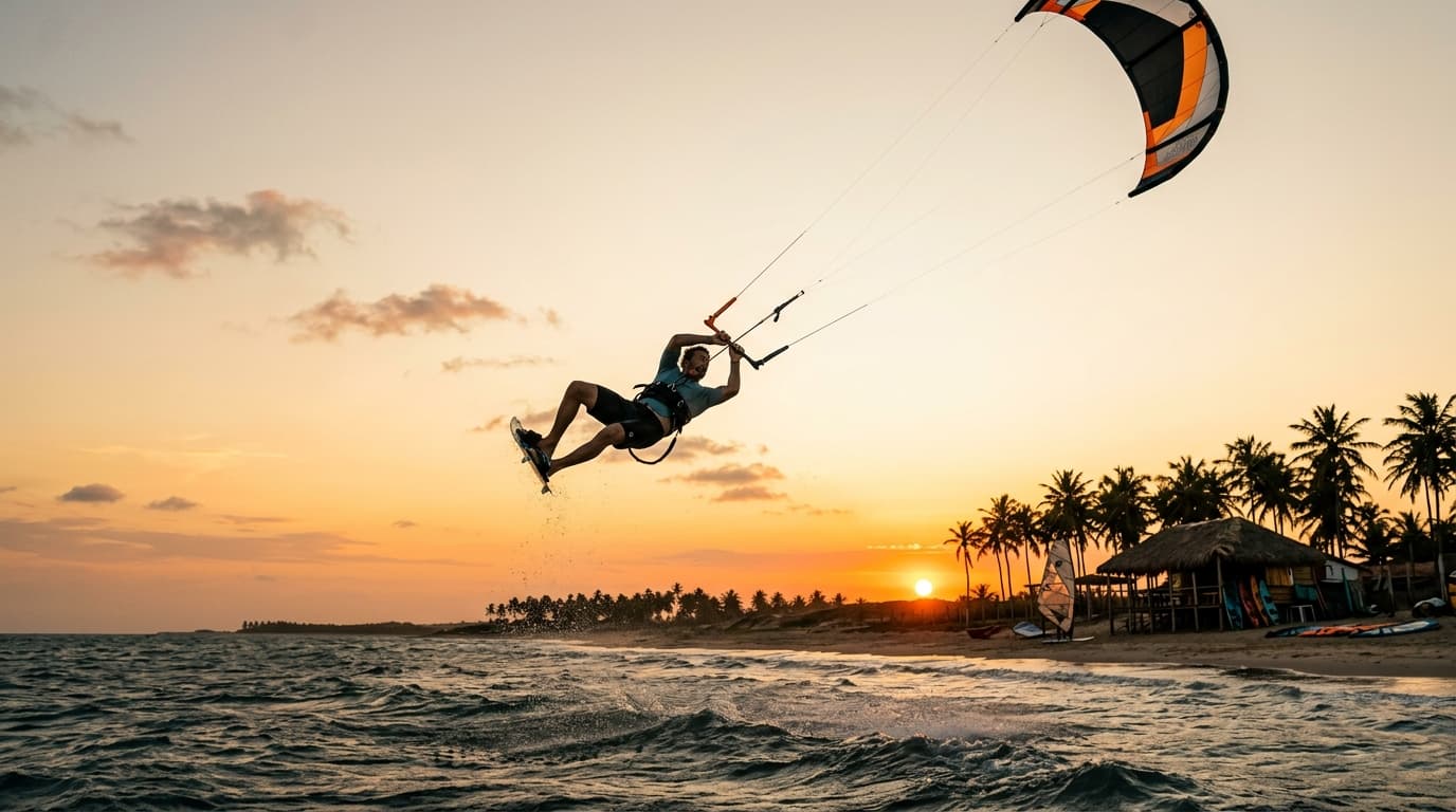 Ein Kitesurfer springt bei Sonnenuntergang über das Wasser an der Küste von São Miguel do Gostoso in Brasilien, im Hintergrund sind Palmen und eine Windsurfstation zu sehen.
