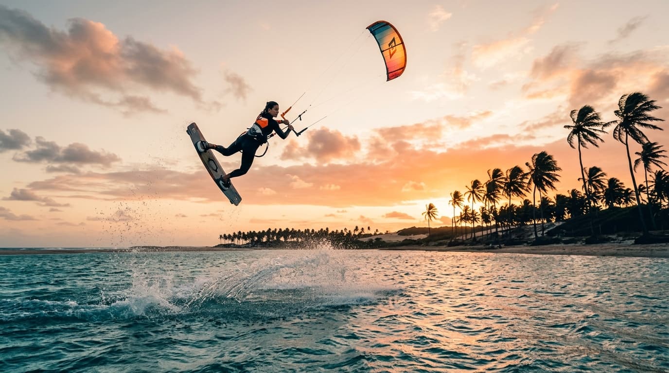 Ein Kitesurfer springt bei Sonnenuntergang über das türkisblaue Flachwasser der Ponta do Santo Cristo in São Miguel do Gostoso, Brasilien, während im Hintergrund Palmen wehen.