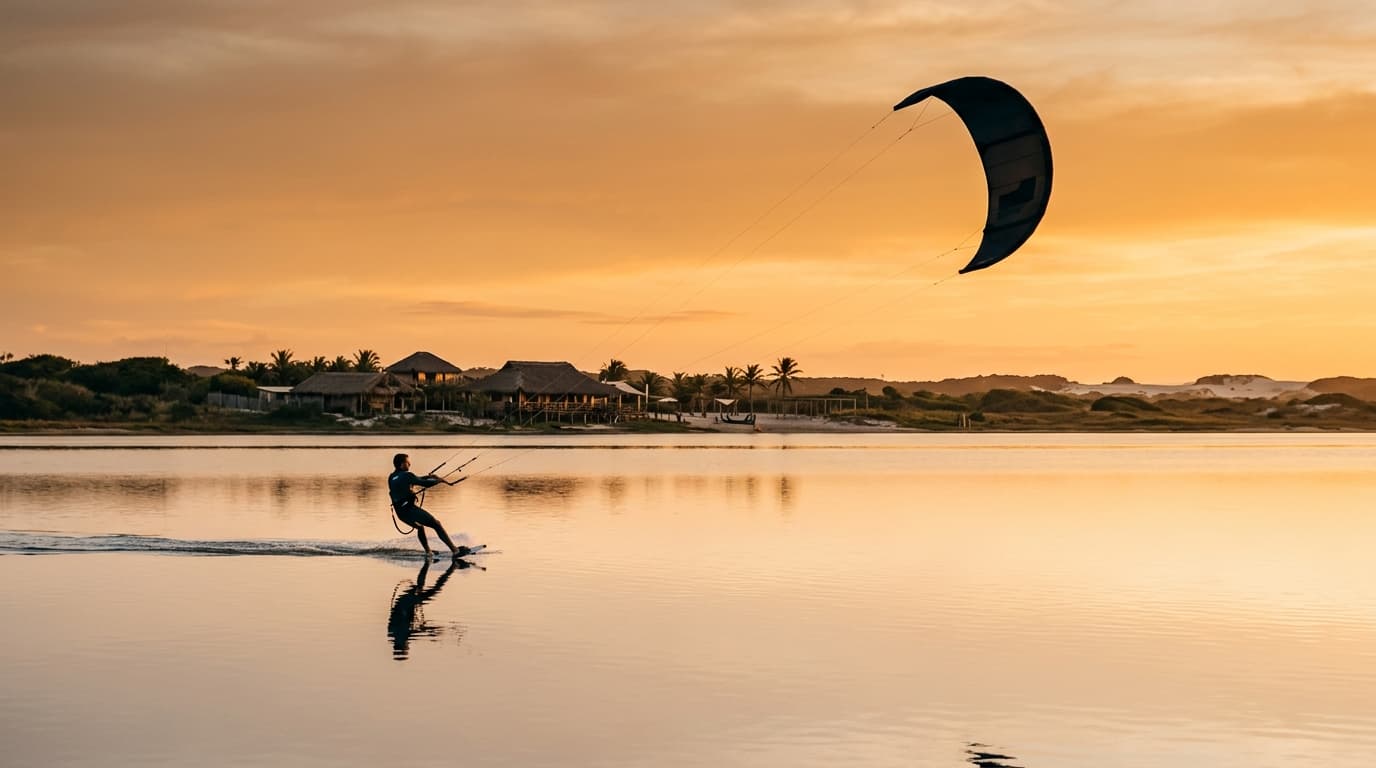 Ein Kitesurfer gleitet im warmen Abendlicht über das spiegelglatte Flachwasser der Lagune von Soledade in Brasilien nahe dem Kauli Seadi Center.