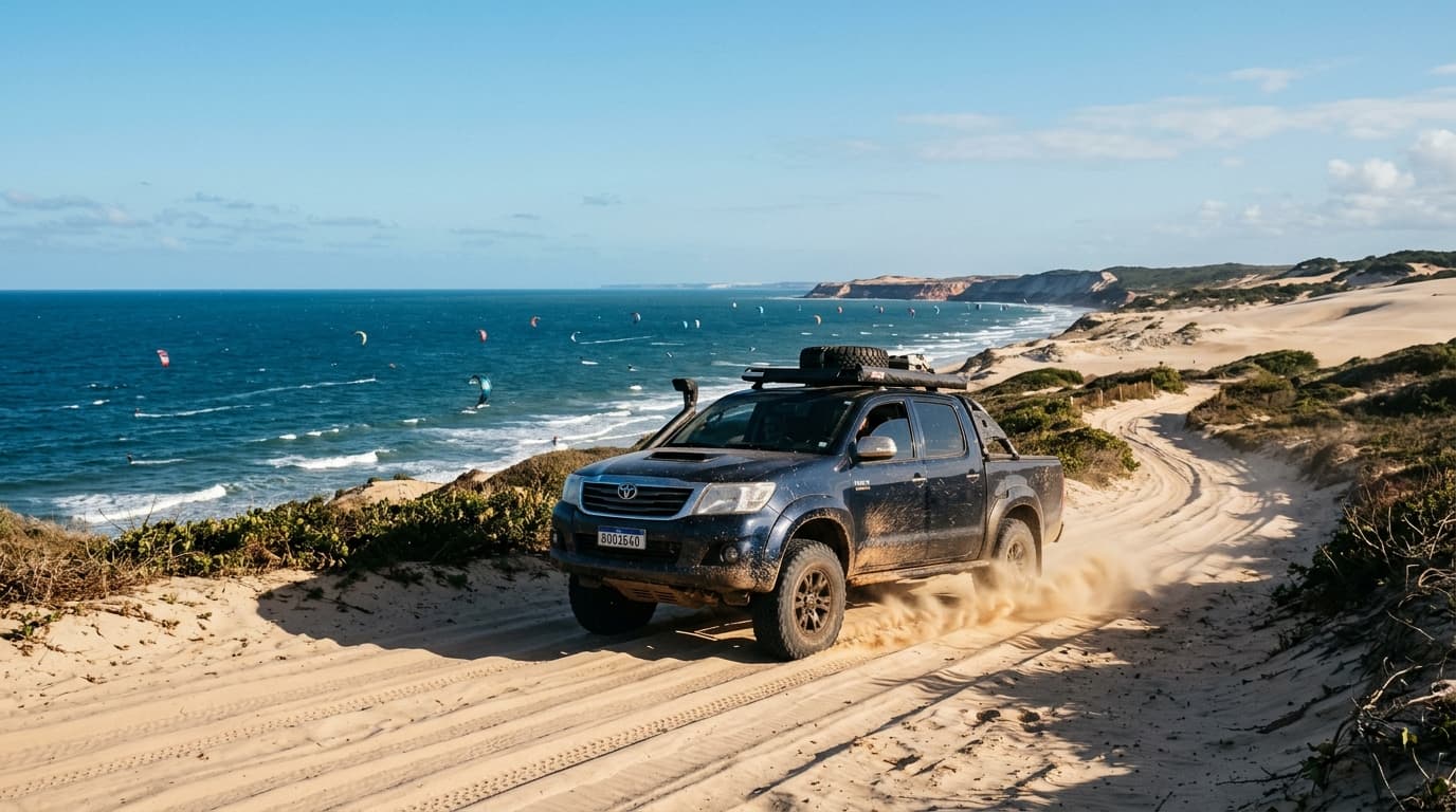 Ein Geländewagen fährt auf einer sandigen Piste entlang der Küste von Rio Grande do Norte in Brasilien unter blauem Himmel, im Hintergrund sind Kitesurfer auf dem Wasser zu sehen.