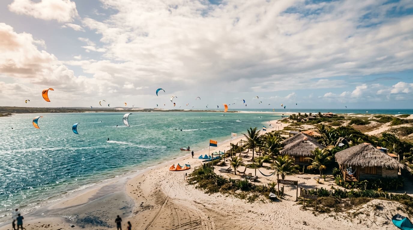 Blick auf die bunten Kiteschirme und gemütlichen Bungalows der Soledade Bangalôs direkt an der windigen Flachwasser-Lagune in Brasilien.