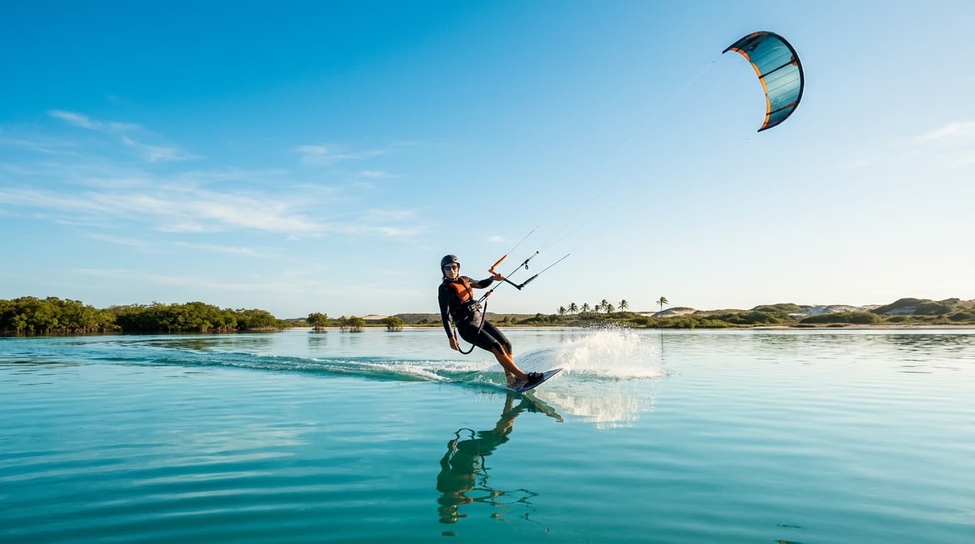 Ein Kitesurfer gleitet über das spiegelglatte, türkisfarbene Flachwasser der Lagune von Soledade in Brasilien unter strahlend blauem Himmel bei konstantem Wind.