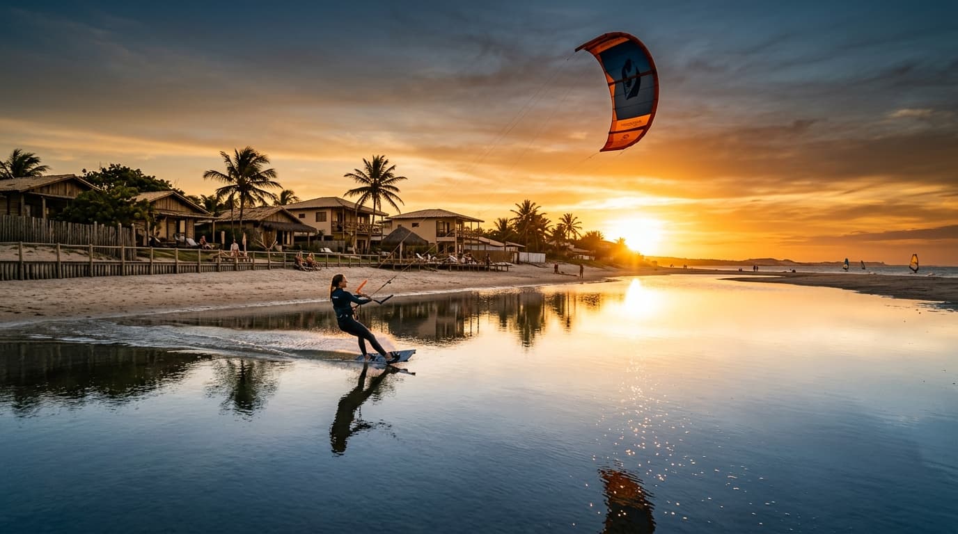 Kitesurfer auf spiegelglattem Flachwasser vor den strandnahen Bungalows der Pousada Soledade Bangalôs Kauli Seadi in Macau, Rio Grande do Norte, Brasilien bei Sonnenuntergang.