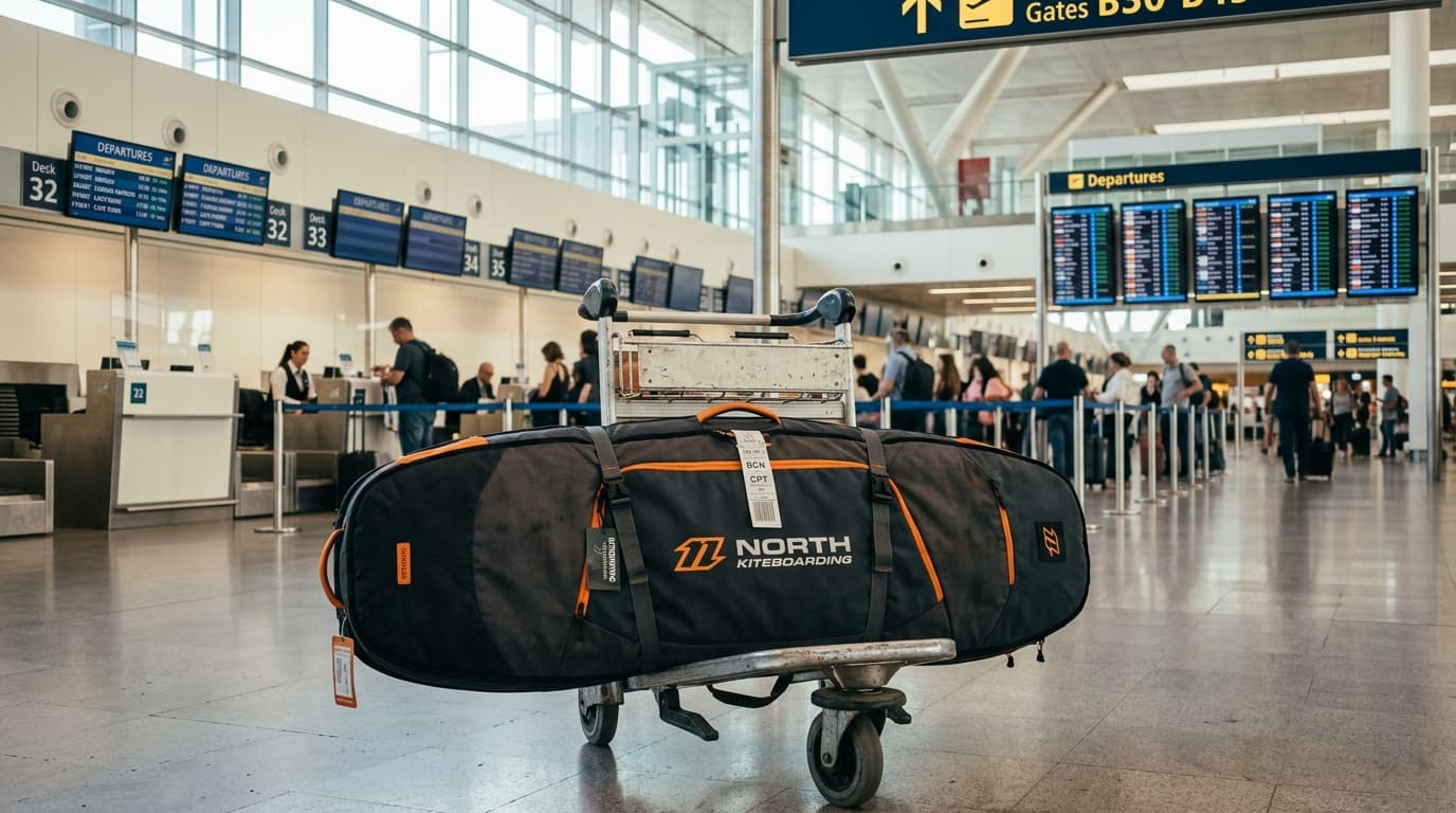 Ein großes, gepolstertes Boardbag auf einem Gepäckwagen am Flughafen-Terminal, bereit für den Check-in zu einem Wassersport-Urlaub.