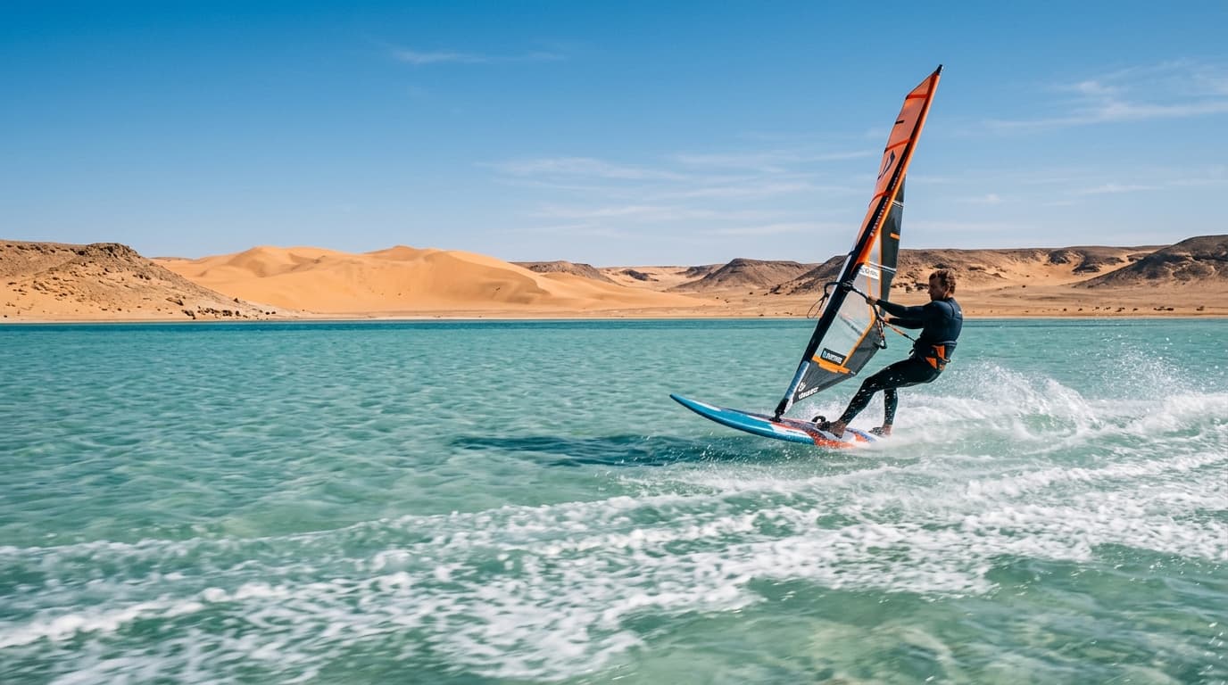 Ein Windsurfer gleitet bei starkem Wind über das flache, türkisfarbene Wasser eines Stehreviers vor einer Wüstenkulisse.