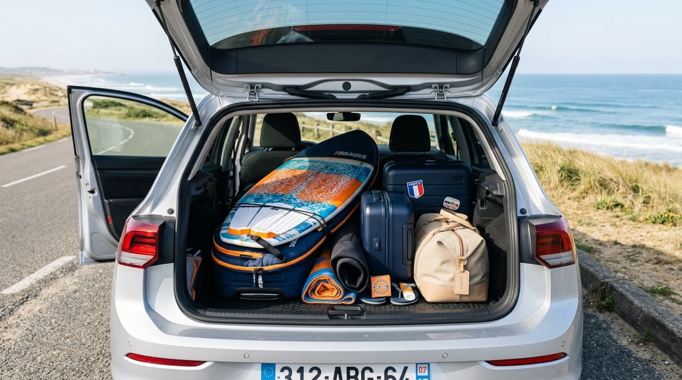 Surfequipment und Koffer im Kofferraum eines Autos vor der Fahrt zum Surfcamp an die französische Atlantikküste
