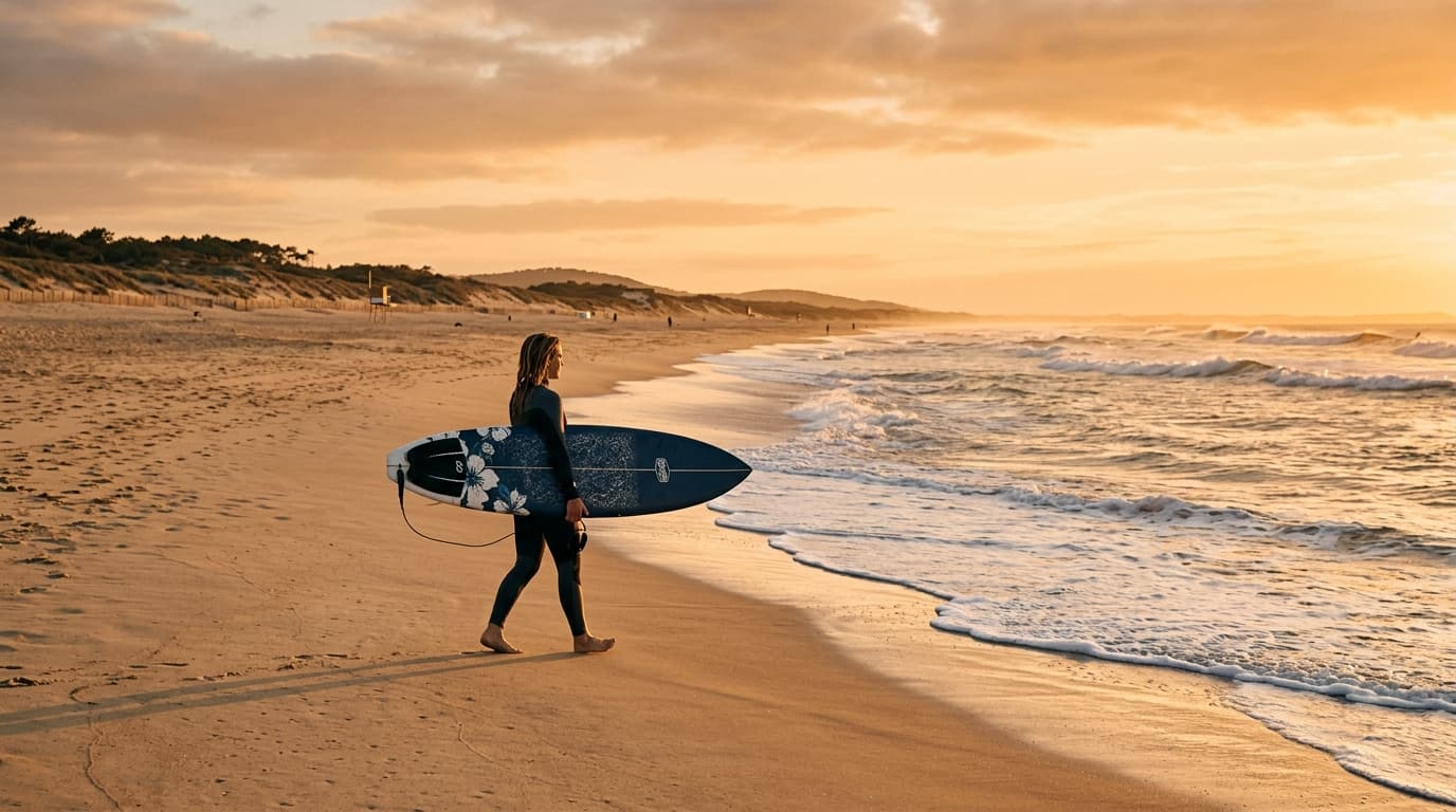 Ein Surfer trägt sein Surfboard am Sandstrand von Seignosse an der französischen Atlantikküste bei Sonnenuntergang.