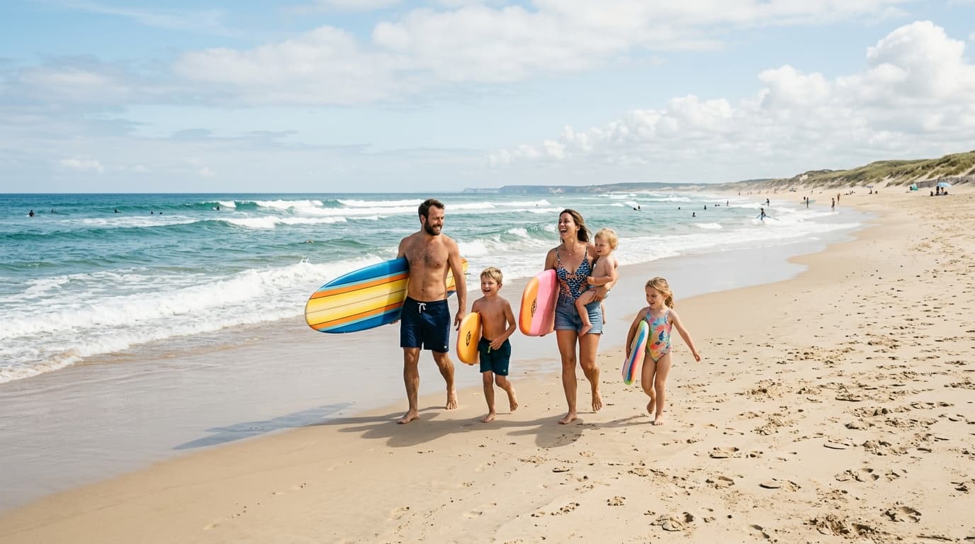 Familie mit Kindern und Surfboards am breiten Sandstrand der französischen Atlantikküste bei Sonnenschein.