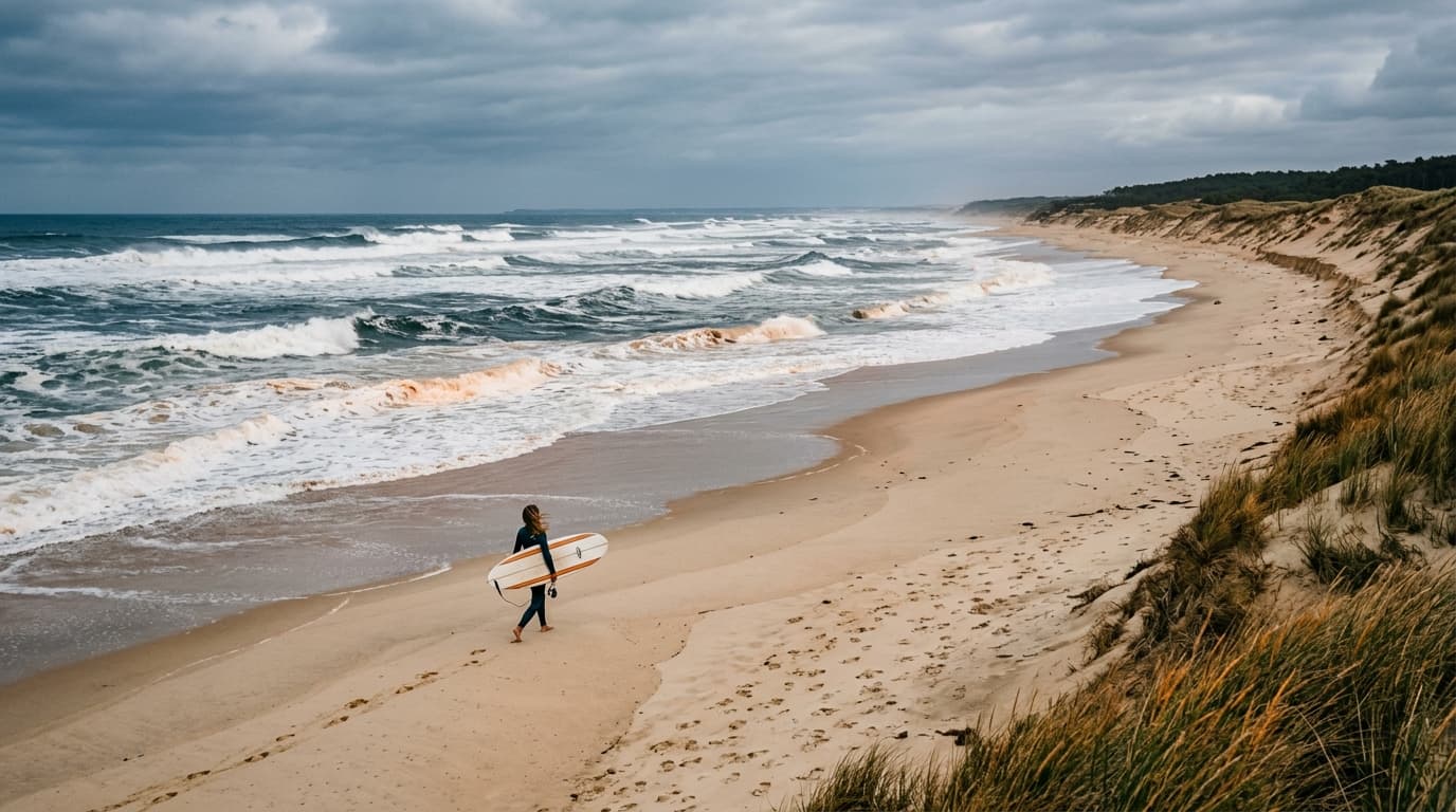 Surfer am Sandstrand der französischen Atlantikküste mit Surfbrett unter dem Arm vor rollenden Atlantikwellen.
