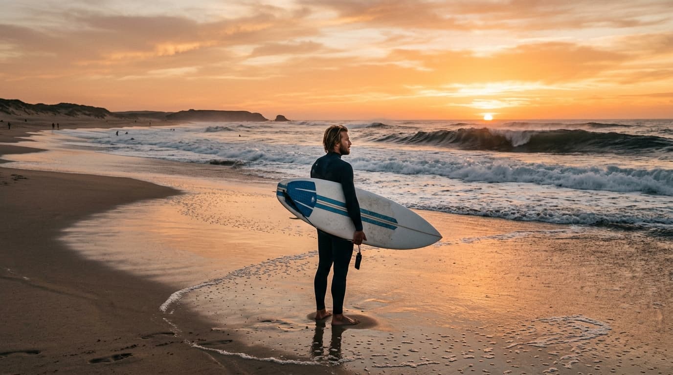 Ein Surfer steht mit seinem Surfbrett am Atlantikstrand bei Sonnenuntergang vor imposanten Wellen.