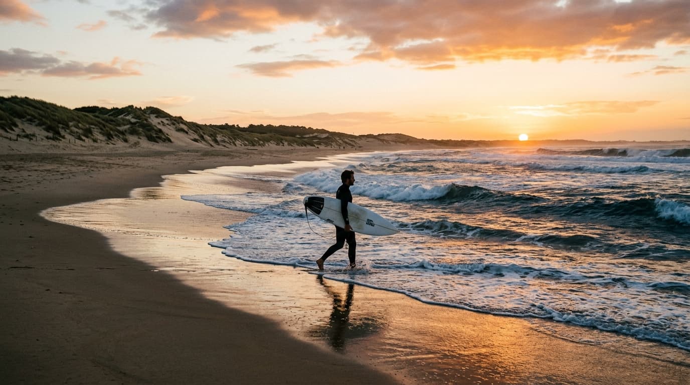 Surfer geht bei Sonnenuntergang mit Wellenreitboard an einem Atlantikstrand in den Landes Frankreichs ins Wasser