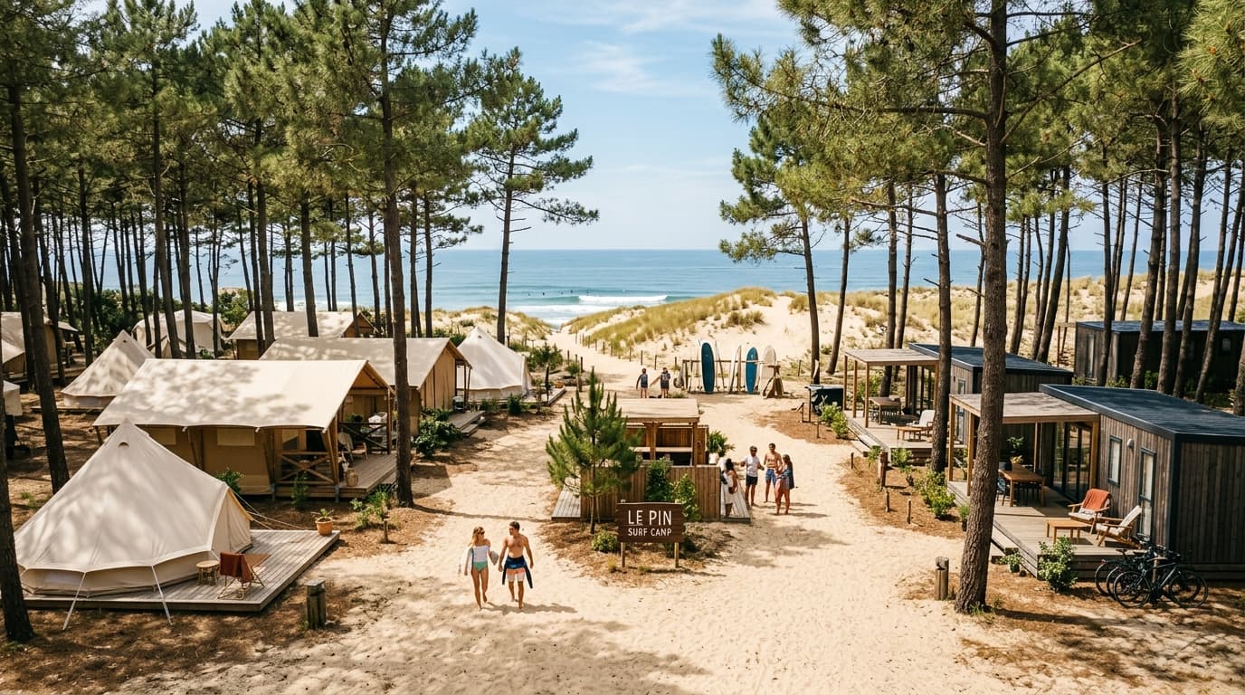 Gemütliches Surfcamp im Pinienwald an der französischen Atlantikküste mit Glamping-Zelten und Mobile Homes nahe den Dünen