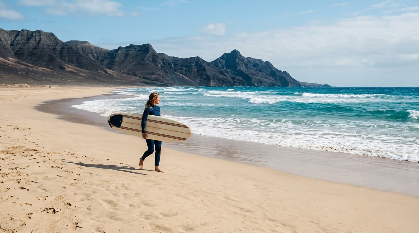 Surfer trägt ein Surfbrett am Sandstrand von Fuerteventura vor türkisblauem Meer und Vulkanlandschaft