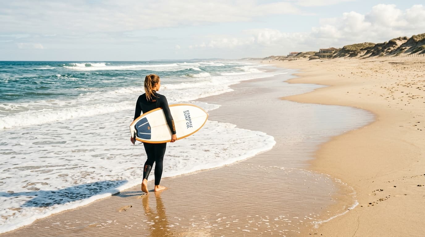 Surfer trägt ein Surfbrett am breiten Sandstrand von Esmoriz in Nordportugal bei Sonnenschein und auslaufenden Wellen.