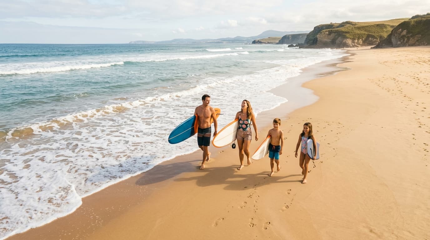 Familie am Sandstrand in Spanien mit Surfbrettern vor sanften Atlantikwellen im Sonnenlicht