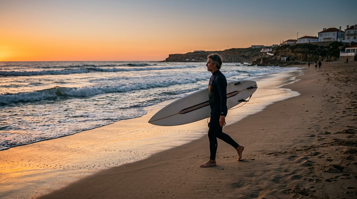 Surfer trägt ein Surfbrett am Strand von Ericeira in Portugal bei Sonnenuntergang