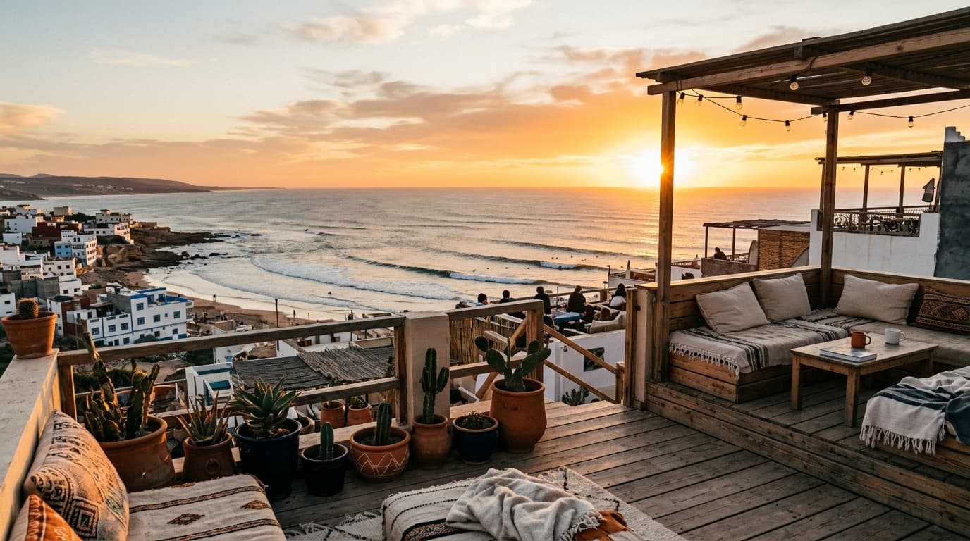 Blick von einer Surfcamp-Dachterrasse auf die Atlantikwellen in Taghazout Marokko bei Sonnenuntergang