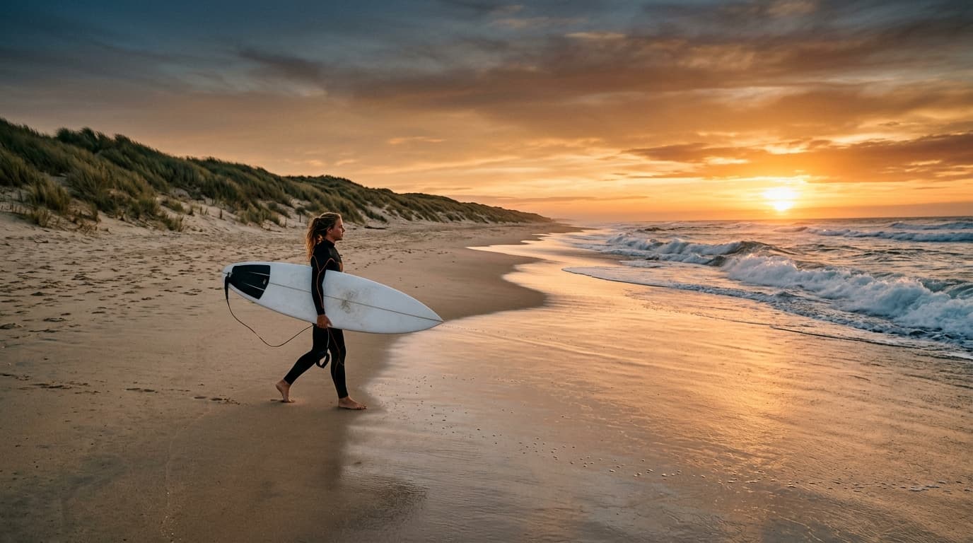 Surfer mit Surfbrett am breiten Sandstrand der Atlantikküste bei Sonnenuntergang in den französischen Landes.