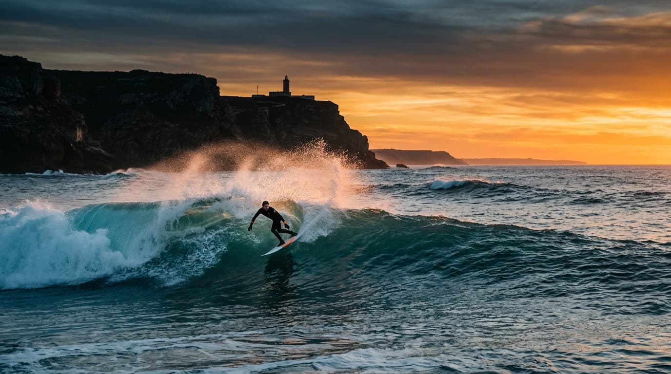 Surfer auf einer perfekten, sauber brechenden Welle an der winterlichen Küste Portugals bei Sonnenuntergang.