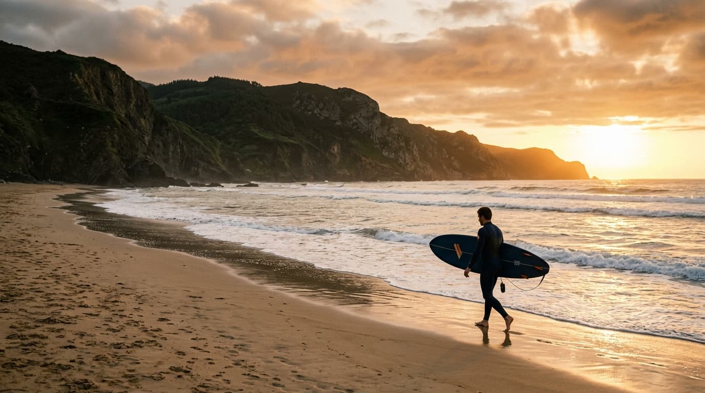 Surfer mit Surfbrett an einem weitläufigen Sandstrand in Nordspanien bei Sonnenuntergang