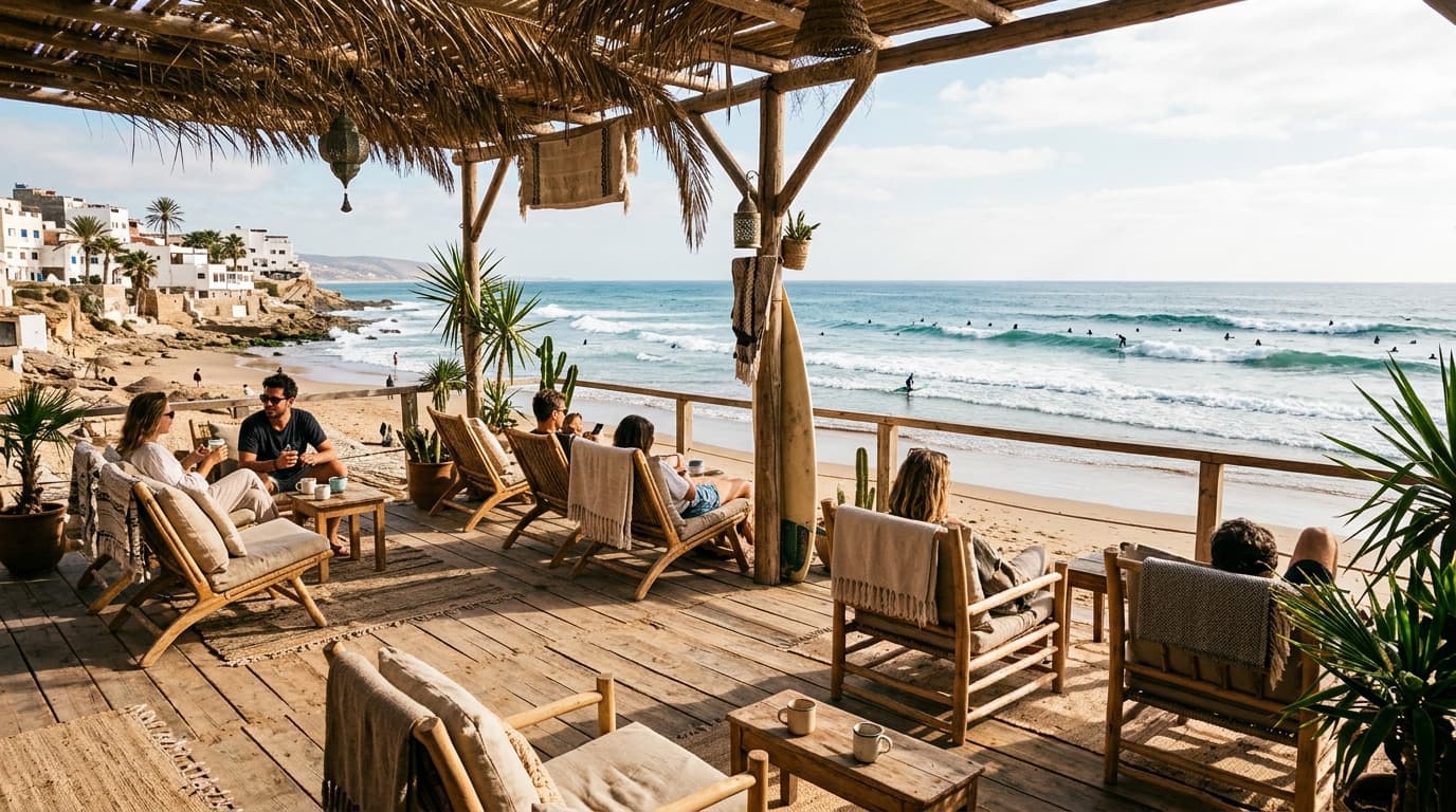 Surfcamp Unterkunft in Taghazout direkt am Strand mit Blick auf den Ozean und Surfer in den Wellen