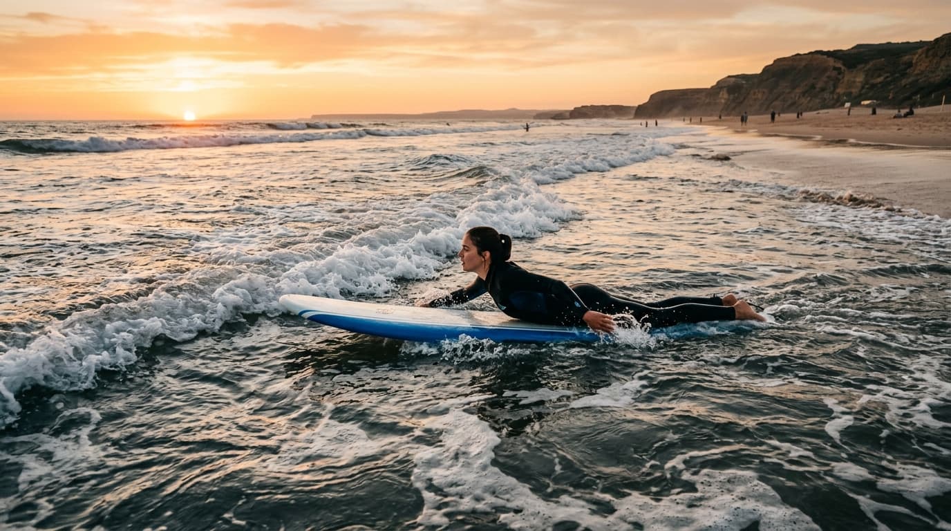 Surfanfänger paddelt bei Sonnenuntergang in sanfter Welle an einem Sandstrand der Costa da Caparica nahe Lissabon