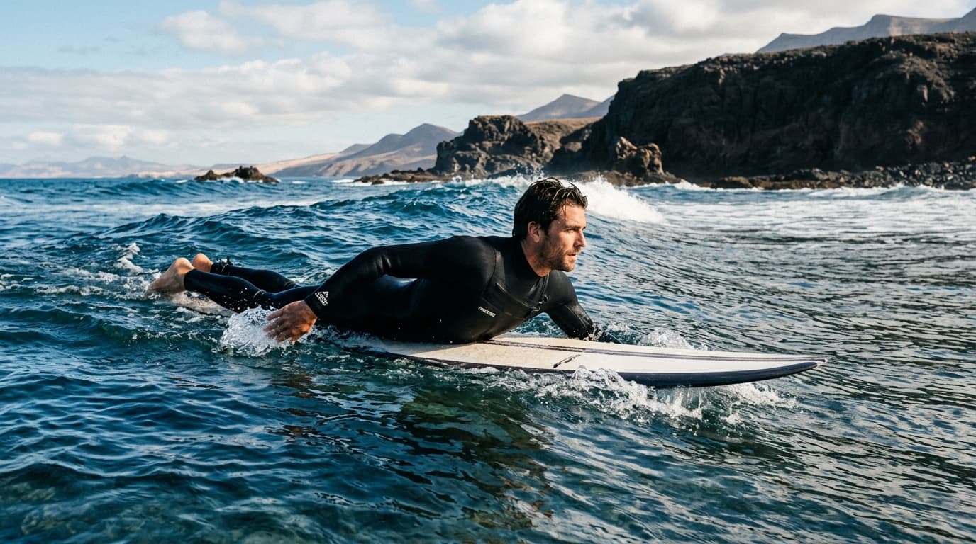 Ein Surfer im Neoprenanzug paddelt im klaren Atlantikwasser vor der Vulkan-Kulisse Fuerteventuras im Winter