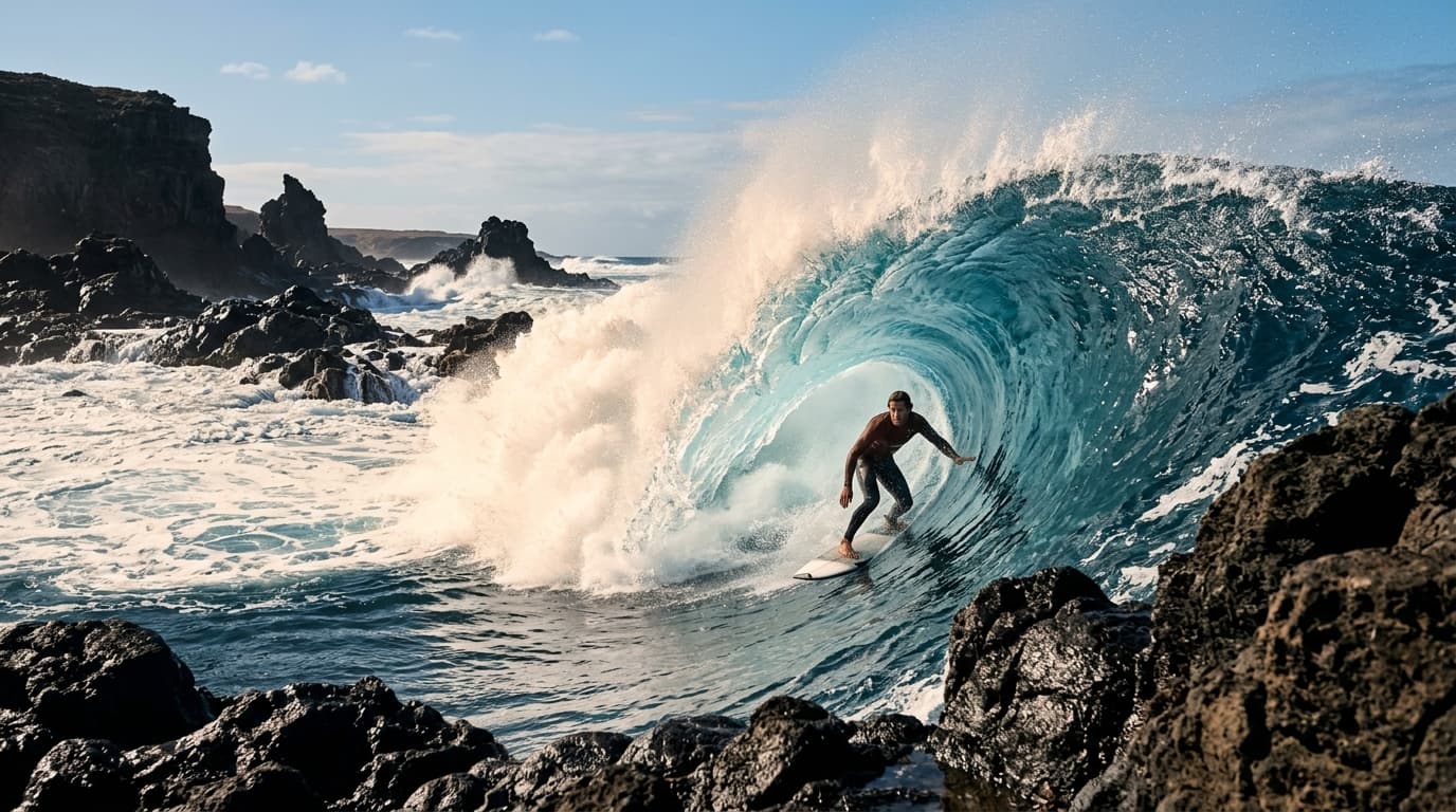 Surfer reitet eine Welle an einem vulkanischen Reefbreak an der Nordküste Fuerteventuras im Sonnenschein.