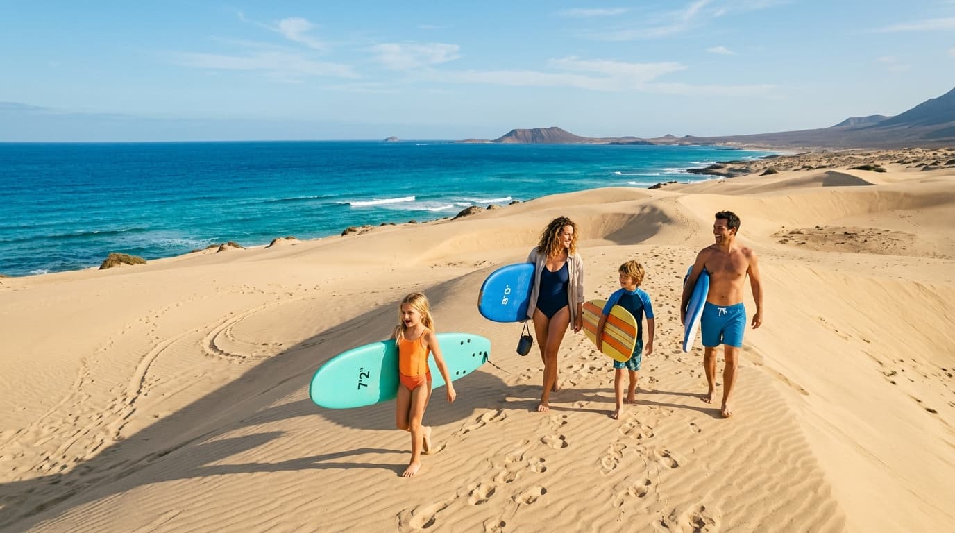 Eine Familie mit Kindern trägt Softboards am Sandstrand von Fuerteventura zum azurblauen Meer.