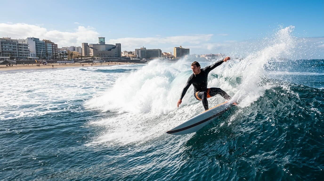 Surfer auf einer Welle am Spot La Cícer in Las Palmas auf Gran Canaria im Winter bei sonnigem Wetter