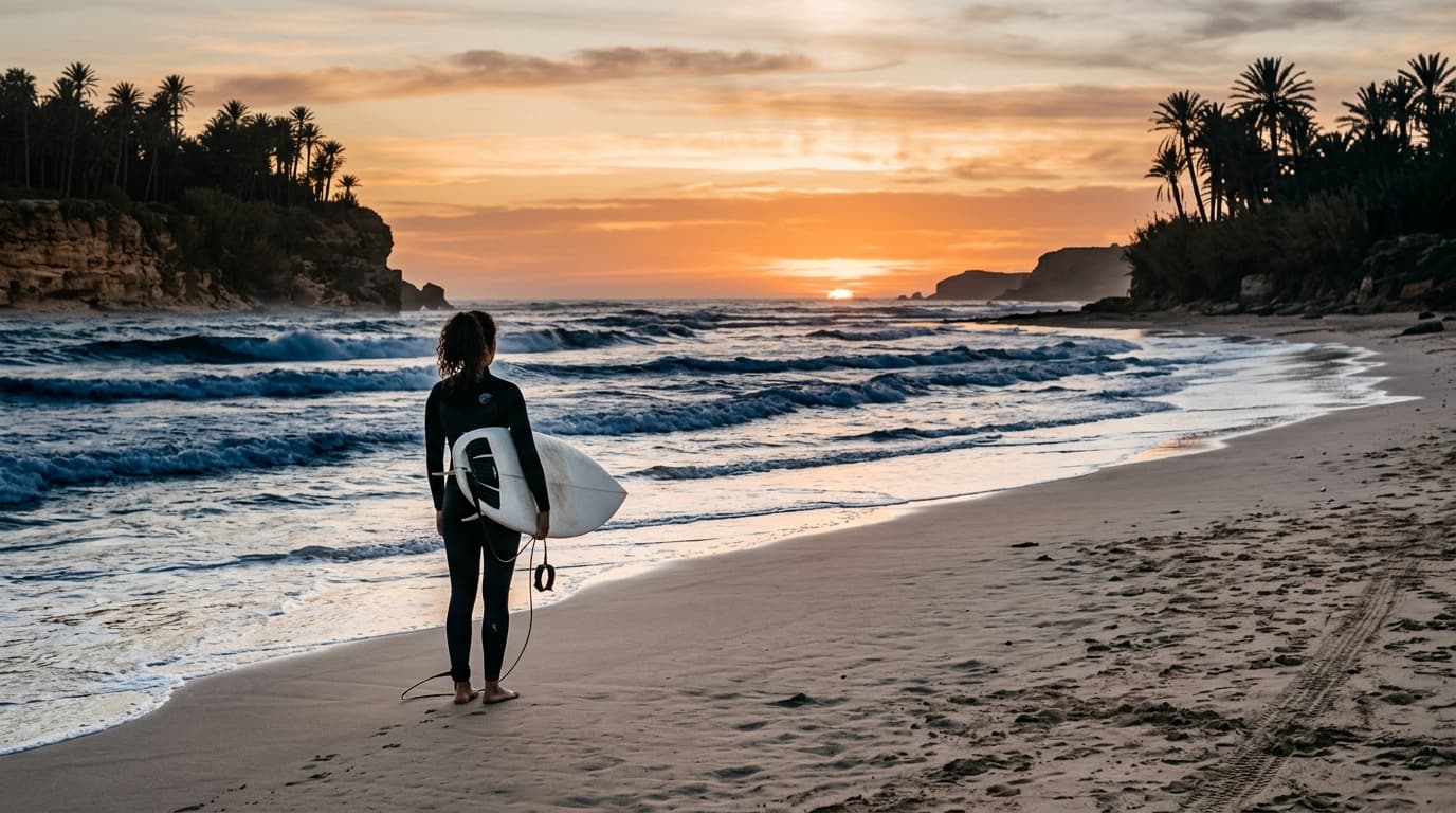 Surfer blickt bei Sonnenuntergang auf die Wellen an der Küste von Marokko mit Palmen und Sandstrand