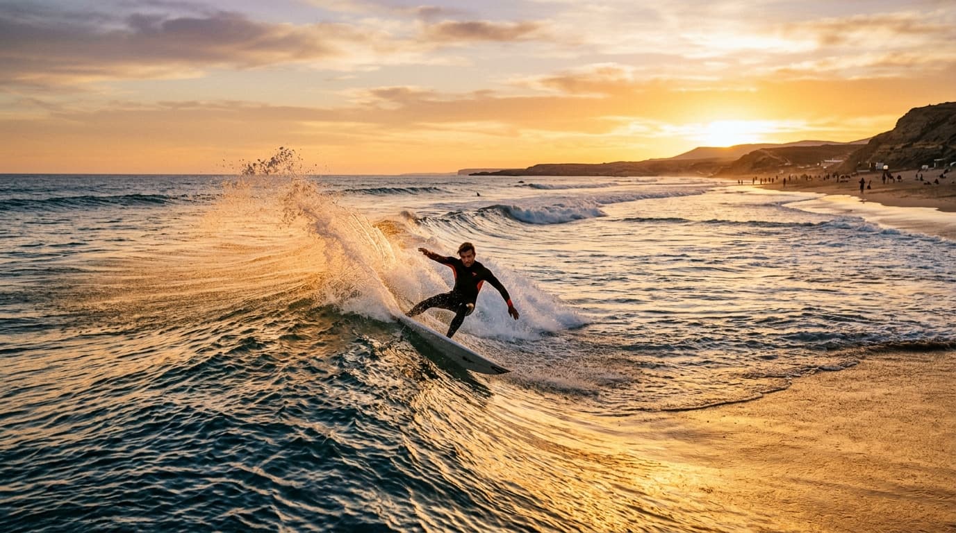 Surfer reitet eine saubere Atlantikwelle am Strand von El Palmar in Andalusien bei Abendsonne