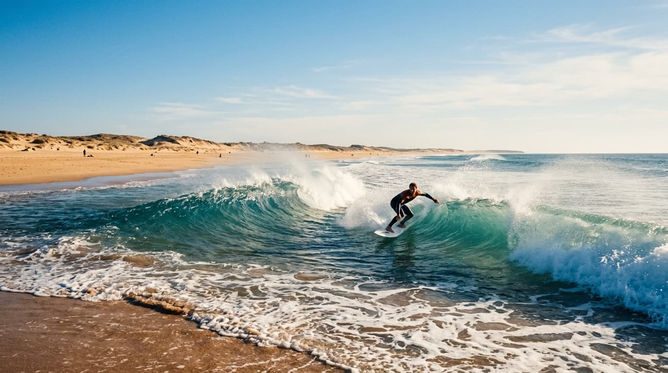 Ein Surfer reitet eine saubere Welle am weitläufigen Sandstrand von El Palmar bei Sonnenschein und Offshore-Wind.