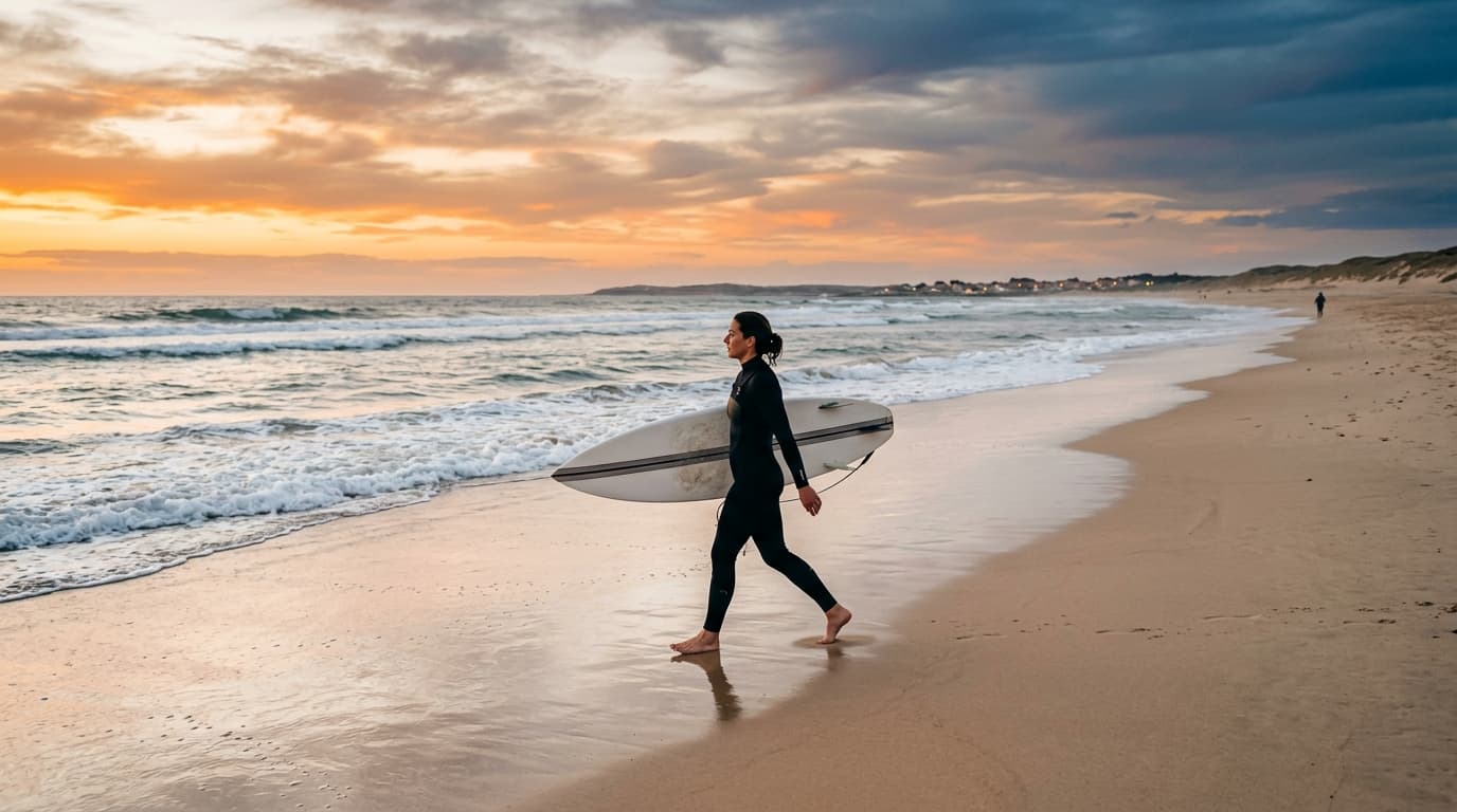 Ein Surfer im Neoprenanzug trägt sein Surfbrett an einem Strand der französischen Atlantikküste bei Sonnenuntergang.