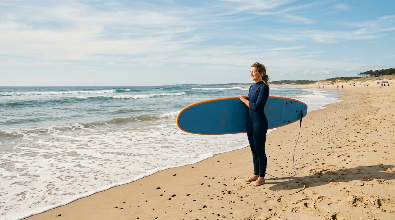 Surf-Einsteiger mit Softboard am Sandstrand von Hossegor bei ruhigem Sommer-Swell