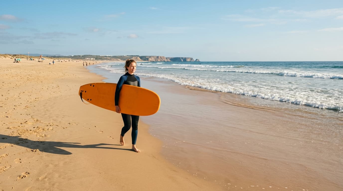 Surfanfänger mit Schaumstoffboard am Sandstrand von Meia Praia in Lagos an der sonnigen Algarve